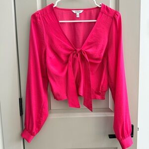 Express Fuchsia Long Sleeve Tie-Front Blouse